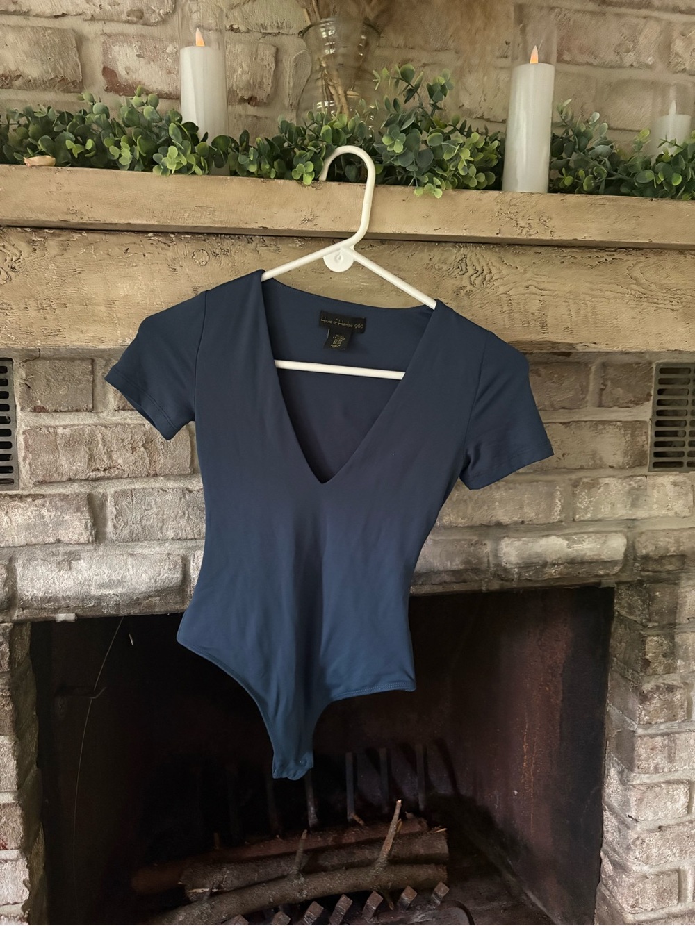 House of Harlow 1960 Deep Blue V-Neck Short Sleeve Bodysuit
